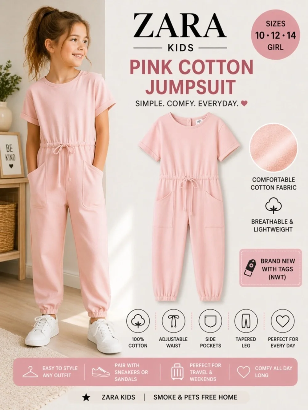 ZARA Kids Pink Cotton Jumpsuit NWT Girls Sizes 10 12 14